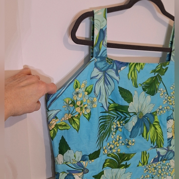 Talbots Petite Linen Tropical Botanical Midi Dress Sleevels Lined Blue Green 16P - Picture 6 of 16